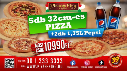 Pizza King 7 - 5 db normál pizza 2db 1,75l Pepsivel - Szuper ajánlat - Online rendelés